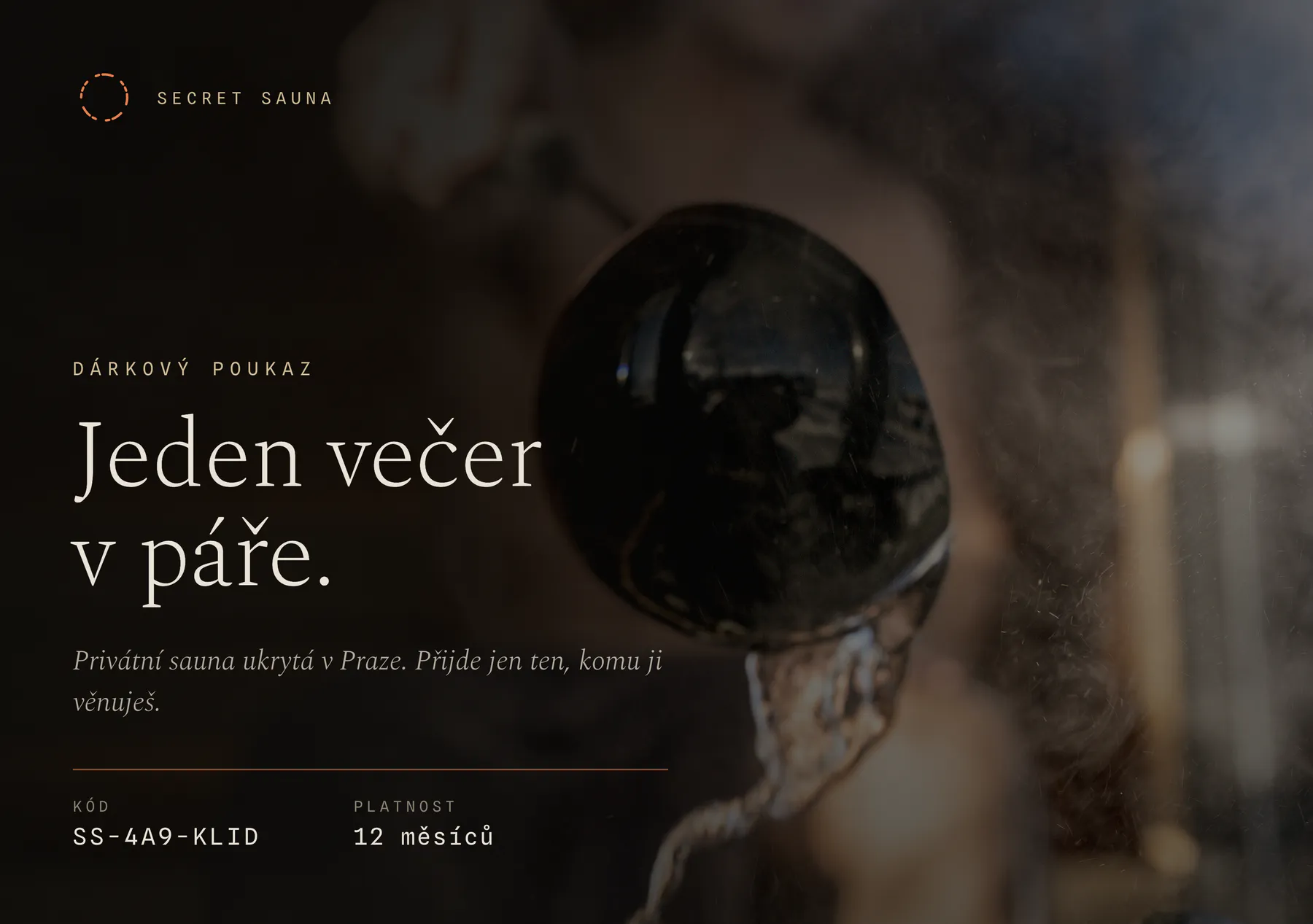 Přední strana dárkové poukázky Secret Sauna s unikátním kódem
